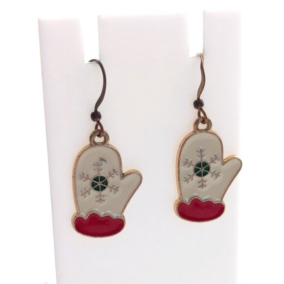 Vintage Gold Tone White Enamel Holiday Nordic Snowflake Mittens Hook Earrings - Picture 1 of 3
